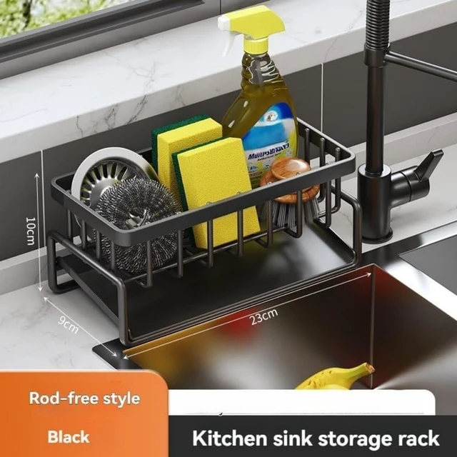 Alt view image 2 of 7 - Kitchen Sink Caddy Organizer with Self-Draining Tray, Black Metal Countertop Storage Rack for Sponge and Dish Soap
