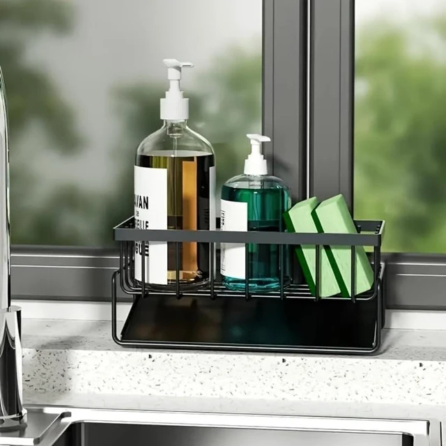 Alt view image 6 of 7 - Kitchen Sink Caddy Organizer with Self-Draining Tray, Black Metal Countertop Storage Rack for Sponge and Dish Soap