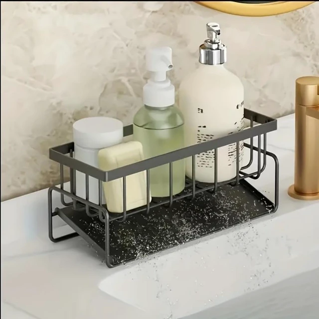 Alt view image 7 of 7 - Kitchen Sink Caddy Organizer with Self-Draining Tray, Black Metal Countertop Storage Rack for Sponge and Dish Soap