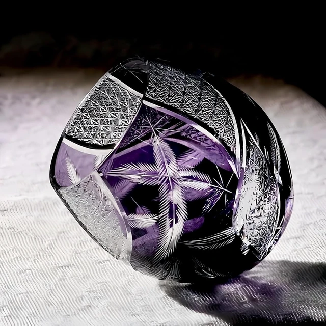 Alt view image 4 of 7 - Crystal Whiskey Glass Tumbler Japanese Style Edo Kiriko Glass 12 Oz/350ml Purple