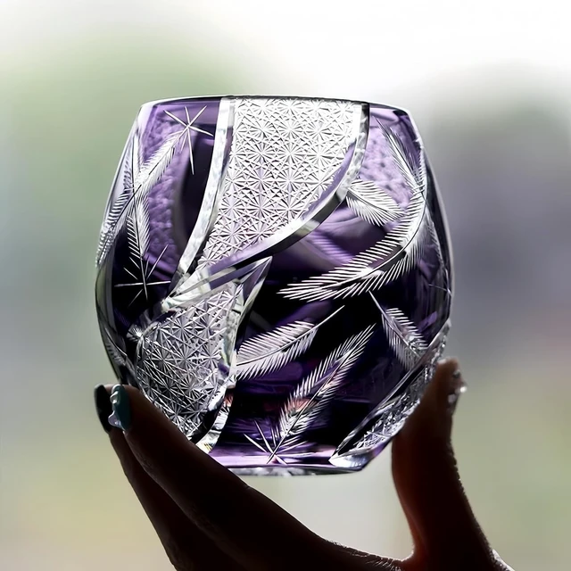 Alt view image 6 of 7 - Crystal Whiskey Glass Tumbler Japanese Style Edo Kiriko Glass 12 Oz/350ml Purple