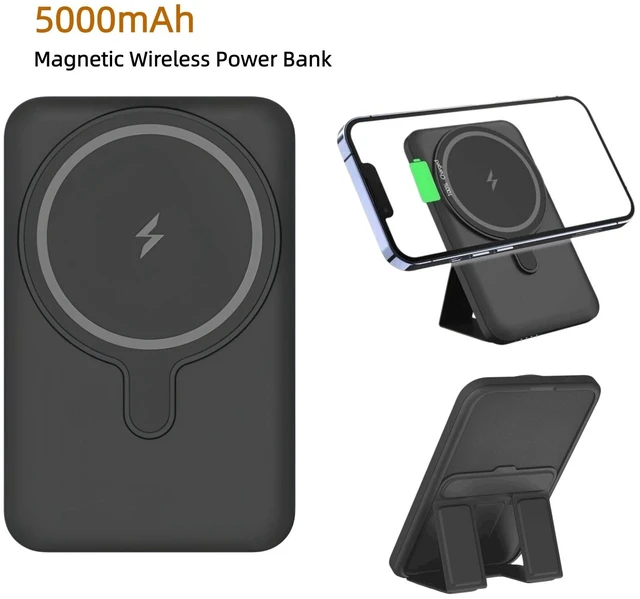 Alt view image 2 of 7 - Mini 5000mAh Magnetic Wireless Power Bank 20W Fast Portable Charger with Stand Blue