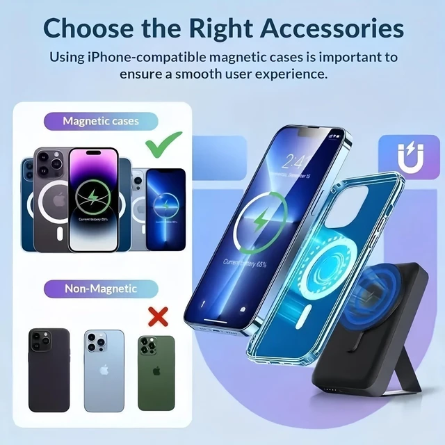 Alt view image 4 of 7 - Mini 5000mAh Magnetic Wireless Power Bank 20W Fast Portable Charger with Stand Blue