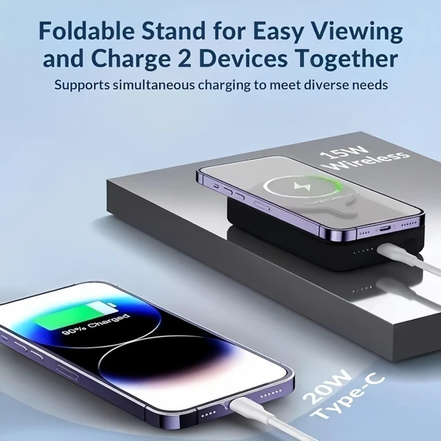 Alt view image 6 of 7 - Mini 5000mAh Magnetic Wireless Power Bank 20W Fast Portable Charger with Stand Blue
