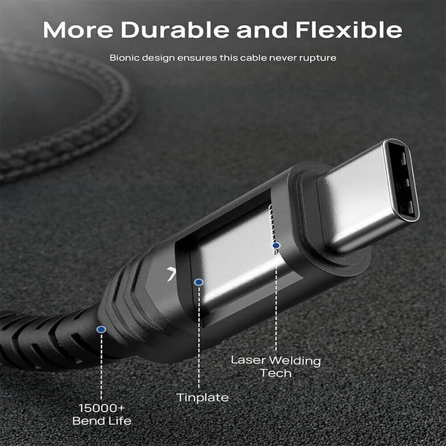 Alt view image 4 of 7 - 100W 20Gbps USB C Fast Charging Data SYNC Nylon Cord for iPhone 16 MacBook Black