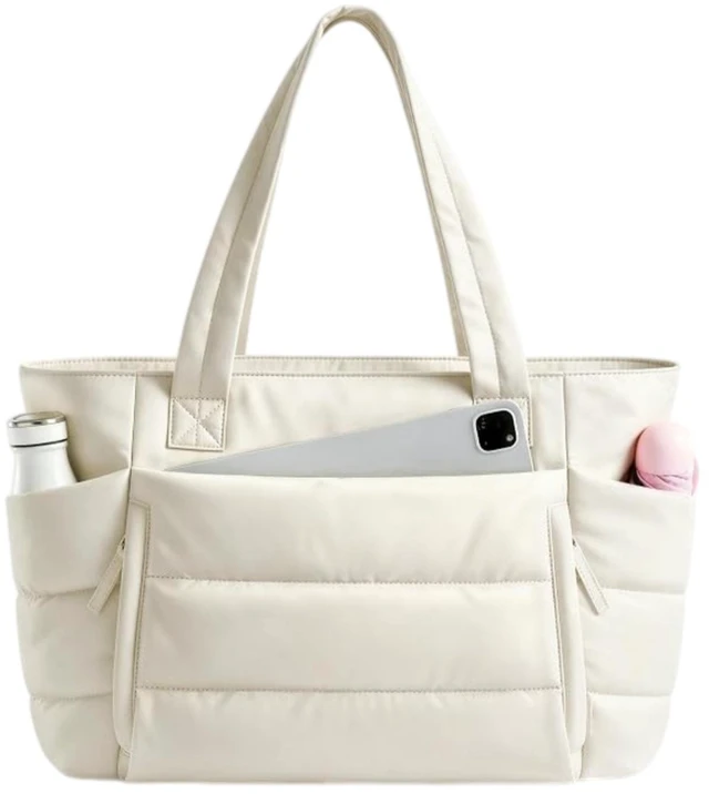 Main image of 20L Quilted Puffer Tote Bag for Women 15.6" Laptop Work Shoulder Handbag Travel White