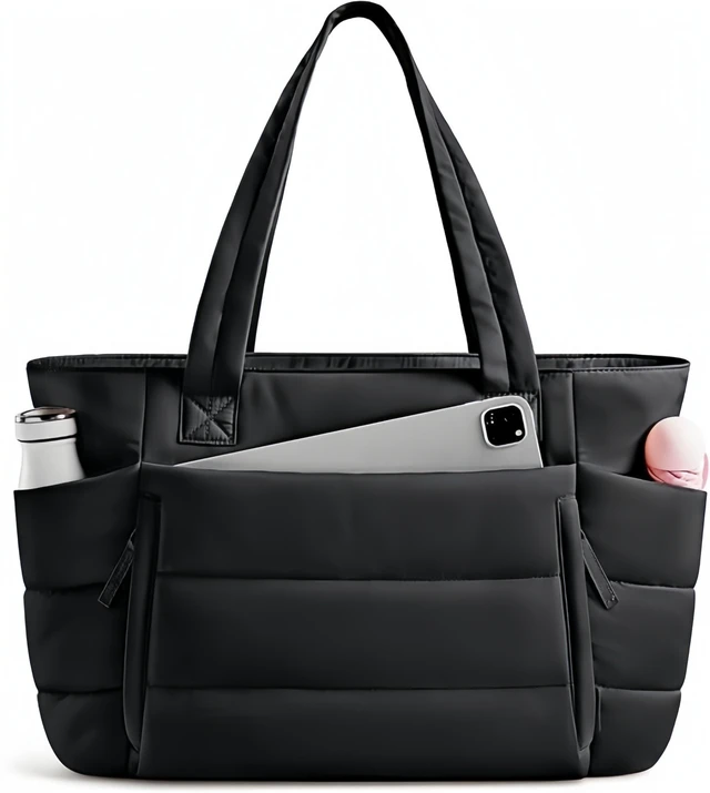 Alt view image 2 of 7 - 20L Quilted Puffer Tote Bag for Women 15.6" Laptop Work Shoulder Handbag Travel White