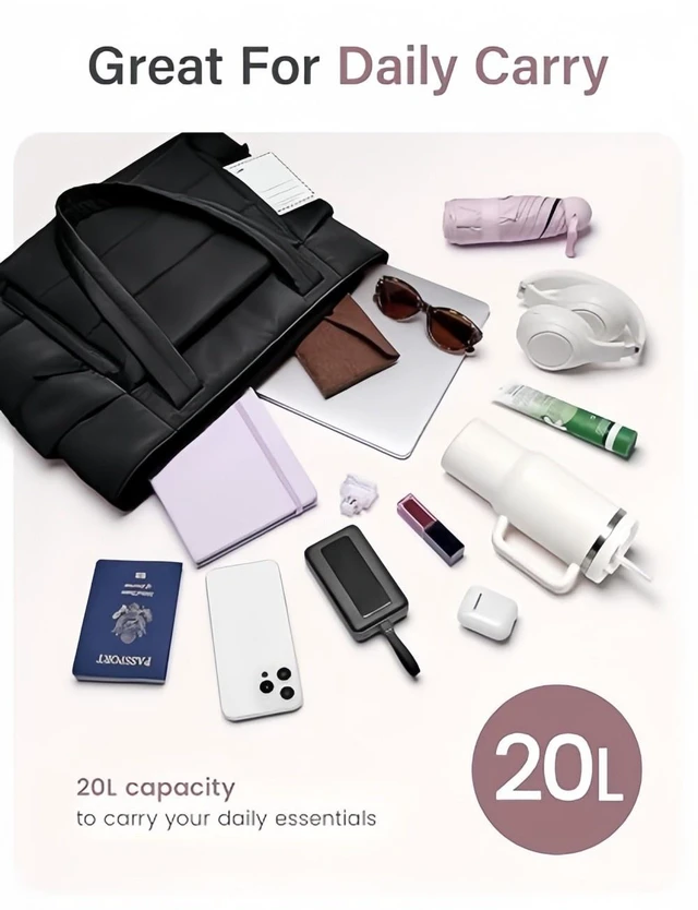 Alt view image 4 of 7 - 20L Quilted Puffer Tote Bag for Women 15.6" Laptop Work Shoulder Handbag Travel White