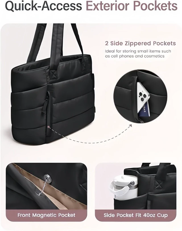 Alt view image 5 of 7 - 20L Quilted Puffer Tote Bag for Women 15.6" Laptop Work Shoulder Handbag Travel White