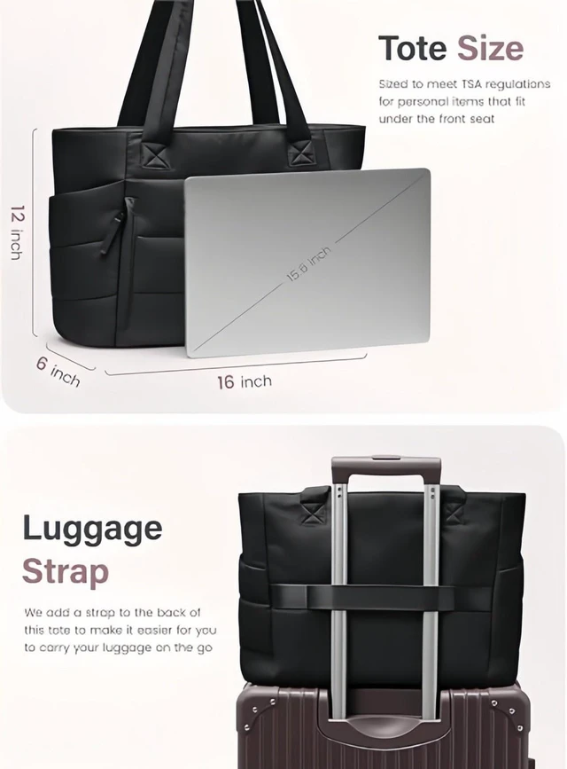 Alt view image 7 of 7 - 20L Quilted Puffer Tote Bag for Women 15.6" Laptop Work Shoulder Handbag Travel White