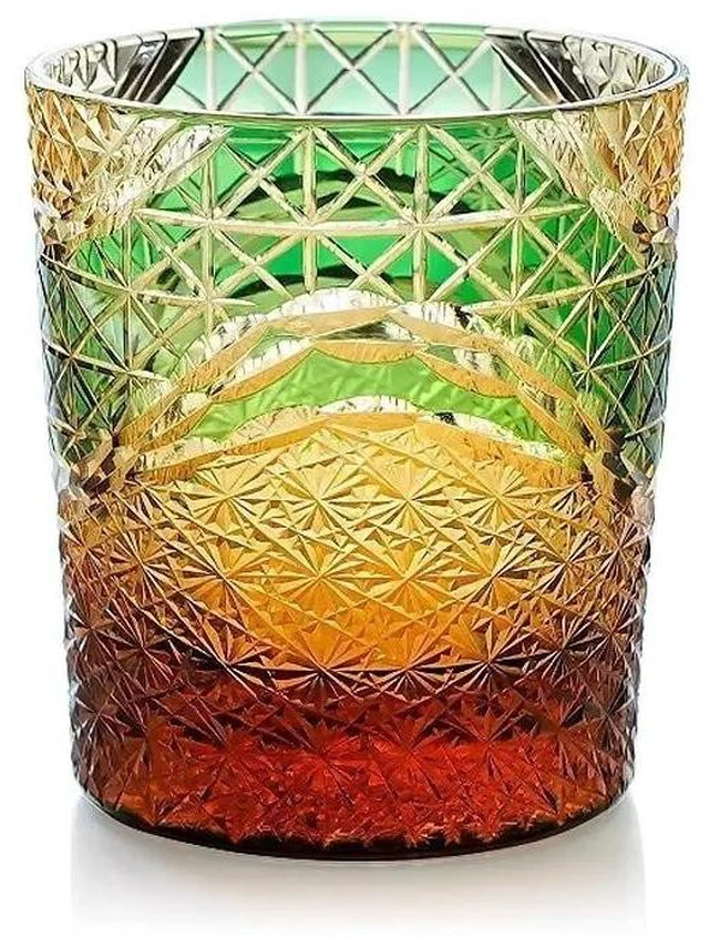 Main image of Edo Kiriko Crystal Whiskey Glass Amber Green Hand Cut Scotch Bourbon Rocks Glass