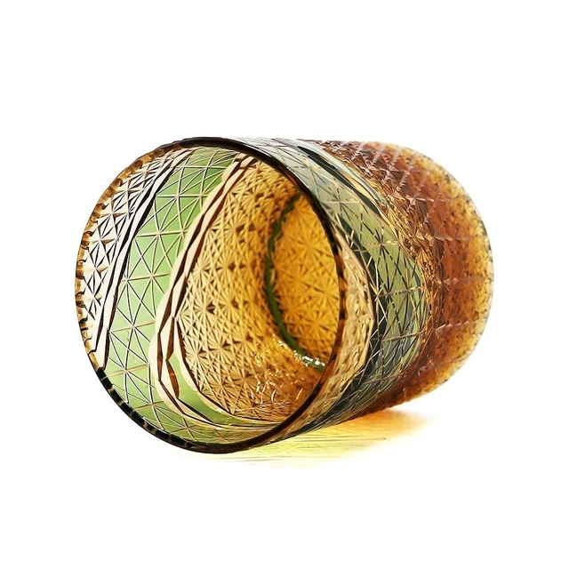Alt view image 4 of 7 - Edo Kiriko Crystal Whiskey Glass Amber Green Hand Cut Scotch Bourbon Rocks Glass