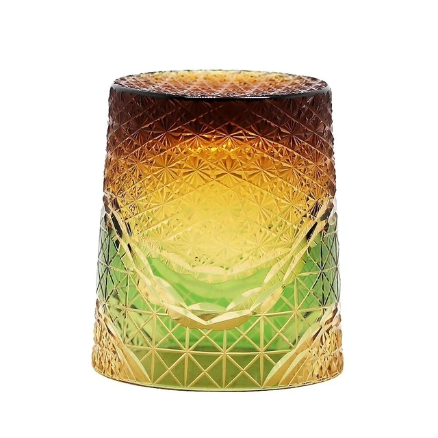 Alt view image 5 of 7 - Edo Kiriko Crystal Whiskey Glass Amber Green Hand Cut Scotch Bourbon Rocks Glass