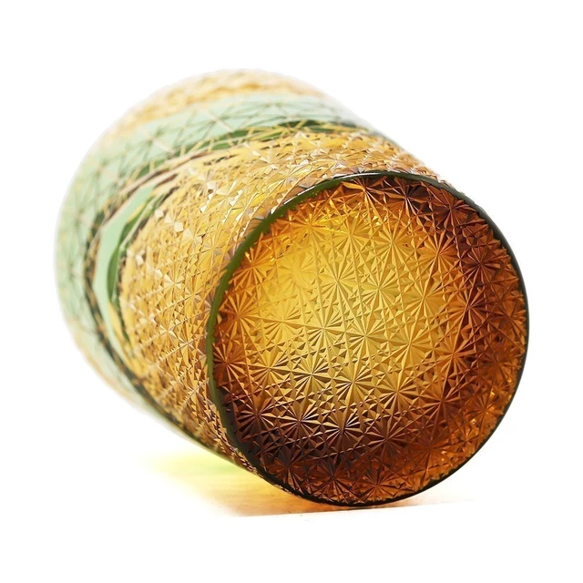 Alt view image 6 of 7 - Edo Kiriko Crystal Whiskey Glass Amber Green Hand Cut Scotch Bourbon Rocks Glass