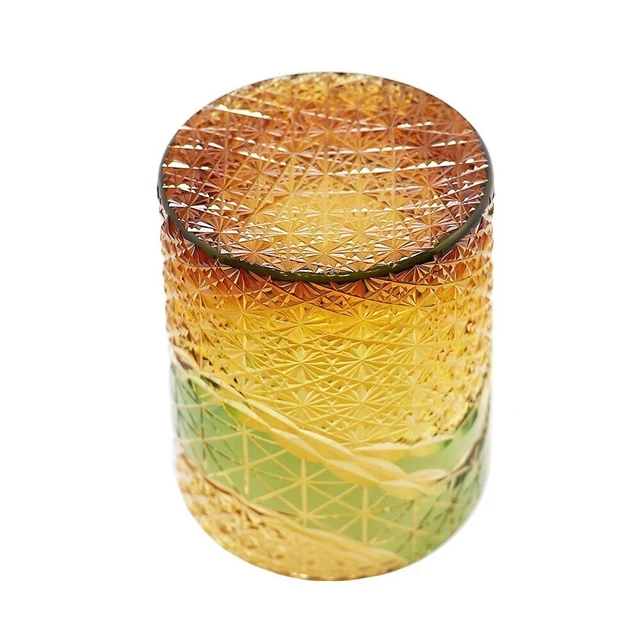 Alt view image 7 of 7 - Edo Kiriko Crystal Whiskey Glass Amber Green Hand Cut Scotch Bourbon Rocks Glass