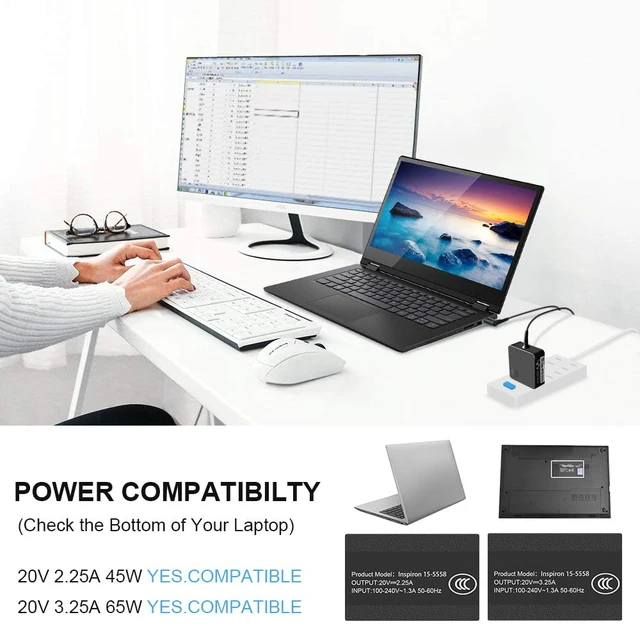 Alt view image 6 of 6 - Charger Compatible with Lenovo Laptop Computer 65W 45W Round Tip Power Supply AC Adapter