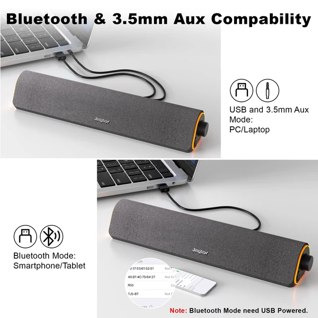 Alt view image 4 of 7 - R50 Bluetooth Computer Speakers, USB Powered & 3.5 Aux | Colorful LED Lights, Switch Button Clear & Rich Sound, Breathable Cloth,Surround Soundbar, Widely Application