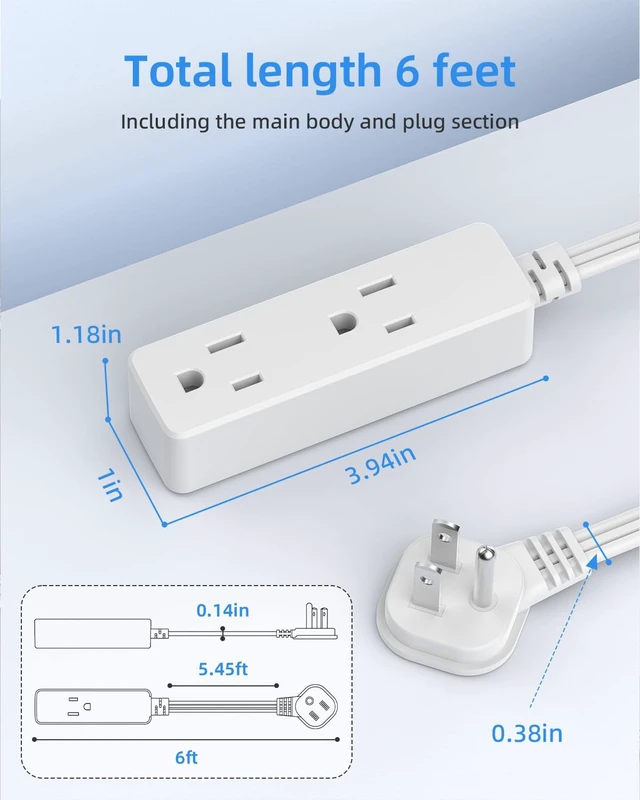 Alt view image 5 of 7 - Flat Plug Extension Cord with 3 Outlets - 6 ft White Low Profile Indoor 3 Prong Grounded Power Strip for Home Office & Travel - 16/3 AWG, 13A/1625W