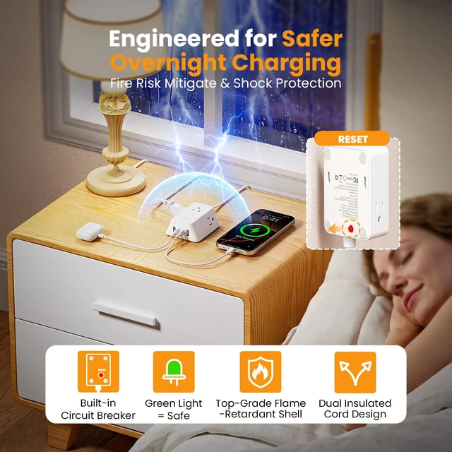 Alt view image 5 of 7 - 12FT Twin Flat Extension Cord USB C 20W,Split Extension Cord Flat Wall Plug for Behind Bed Sofa Dorm Office,3 Widely Outlets 2 USB C 2 USB-A,Indoor Extension Cord with Multiple Outlet,Circuit Breaker