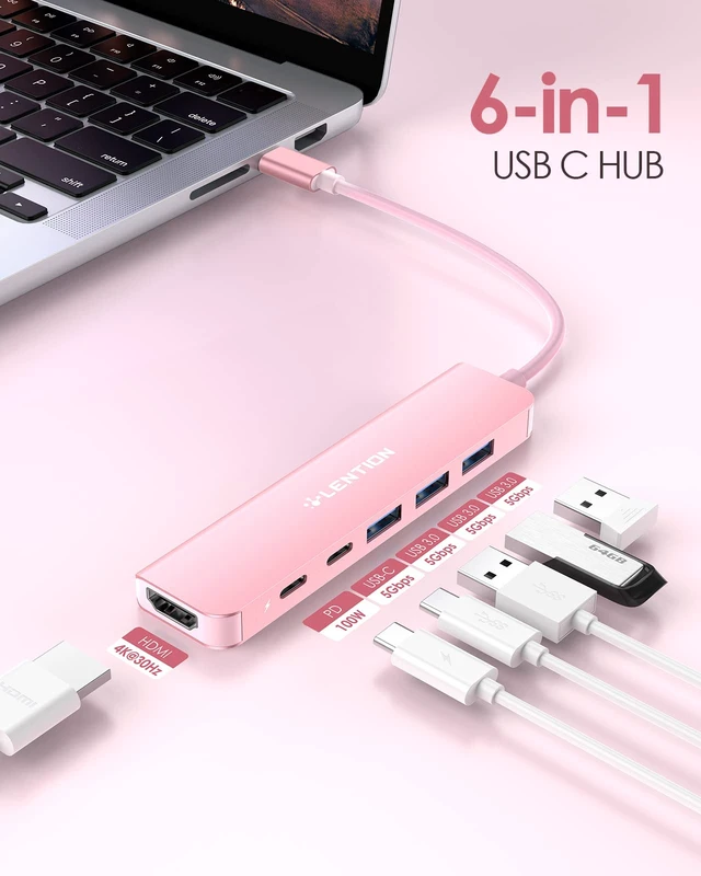 Alt view image 2 of 7 - 6-in-1 USB C Hub, 4K@60Hz HDMI, 100W PD, 3 USB 3.0, USB-C Data | Ideal for Work & Study, Stable Driver 3.0 Certified, Compatible with macOS, iOS/iPadOS, Windows & ChromeOS (CE35p, Rose Gold)