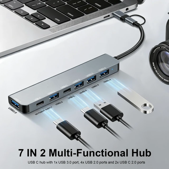 Alt view image 5 of 7 - USB C Hub, USB Hub 3.0, Upgrade 7 in 2 USB Splitter with 1xUSB 3.0, 4xUSB2.0, 2xUSB C, USB C & USB Hub Multiport Adapter, USBC USB Dongle for PC/Laptop/Tablet/Mac/MacBook/iPad and More Devices