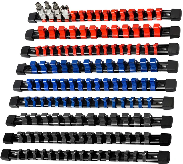 Main image of 9PCS Socket organizer, 1/4" 3/8" 1/2" Drive Heavy duty socket holder | Premium ABS Construction | Clip-on Rail Design | Wall-mountable Space-saving Garage Tool Tray