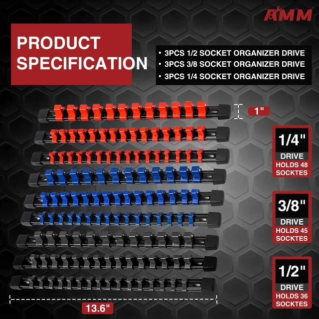 Alt view image 2 of 7 - 9PCS Socket organizer, 1/4" 3/8" 1/2" Drive Heavy duty socket holder | Premium ABS Construction | Clip-on Rail Design | Wall-mountable Space-saving Garage Tool Tray
