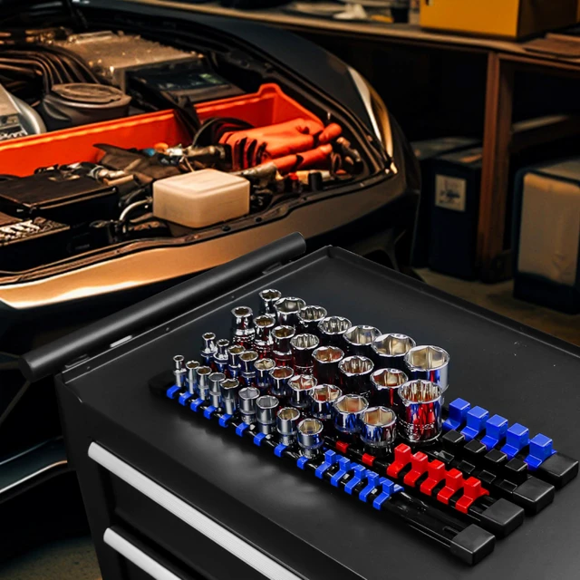 Alt view image 7 of 7 - 9PCS Socket organizer, 1/4" 3/8" 1/2" Drive Heavy duty socket holder | Premium ABS Construction | Clip-on Rail Design | Wall-mountable Space-saving Garage Tool Tray