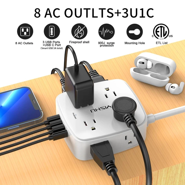 Alt view image 2 of 7 - 6Ft Surge Protector Power Strip with 8 Widely Outlets & 4 USB Ports | 3 Side Outlet Extender with 6 Feet Extension Cord, Flat Plug, for Home, Office, College Dorm Room Essentials