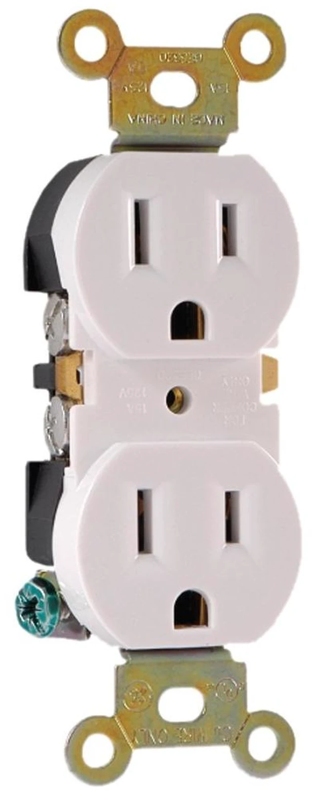 Main image of Duplex Wall Outlet, 2 Grounded Outlets, White, 1 Pack | Heavy Duty Reinforced Yoke, Pressure Lock Terminals for Easy Install, Supports 125VAC/15A, No Neutral Required