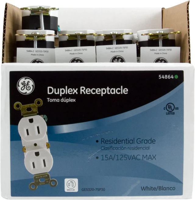 Alt view image 3 of 3 - Duplex Wall Outlet, 2 Grounded Outlets, White, 1 Pack | Heavy Duty Reinforced Yoke, Pressure Lock Terminals for Easy Install, Supports 125VAC/15A, No Neutral Required