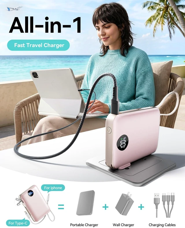 Alt view image 3 of 7 - Portable Charger Power Bank 10000mAh, 45% Smaller Built-in Cables & AC Plug | Built-in Cables & AC Plug, 22.5W Fast Charging, 4-Device Charging, Travel Essential, for iPhone, iPad & Samsung Galaxy