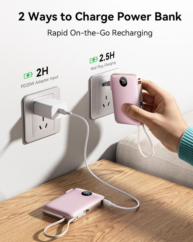 Alt view image 6 of 7 - Portable Charger Power Bank 10000mAh, 45% Smaller Built-in Cables & AC Plug | Built-in Cables & AC Plug, 22.5W Fast Charging, 4-Device Charging, Travel Essential, for iPhone, iPad & Samsung Galaxy
