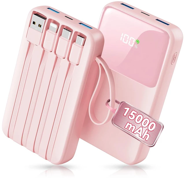 Main image of 45% Smaller Portable Charger, 15000mAh Power Bank Built-in 4 Cables, Pink | 50% More Capacity, Slim Travel Essential Battery Pack, 30-Min 22.5W Fast Charge to 50% for iPhone/Samsung
