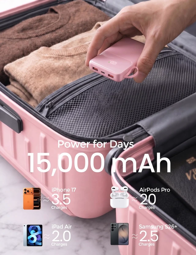 Alt view image 2 of 7 - 45% Smaller Portable Charger, 15000mAh Power Bank Built-in 4 Cables, Pink | 50% More Capacity, Slim Travel Essential Battery Pack, 30-Min 22.5W Fast Charge to 50% for iPhone/Samsung