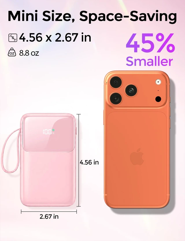 Alt view image 3 of 7 - 45% Smaller Portable Charger, 15000mAh Power Bank Built-in 4 Cables, Pink | 50% More Capacity, Slim Travel Essential Battery Pack, 30-Min 22.5W Fast Charge to 50% for iPhone/Samsung