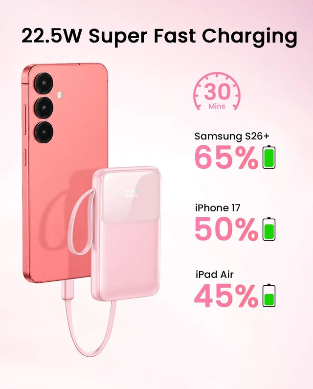 Alt view image 5 of 7 - 45% Smaller Portable Charger, 15000mAh Power Bank Built-in 4 Cables, Pink | 50% More Capacity, Slim Travel Essential Battery Pack, 30-Min 22.5W Fast Charge to 50% for iPhone/Samsung
