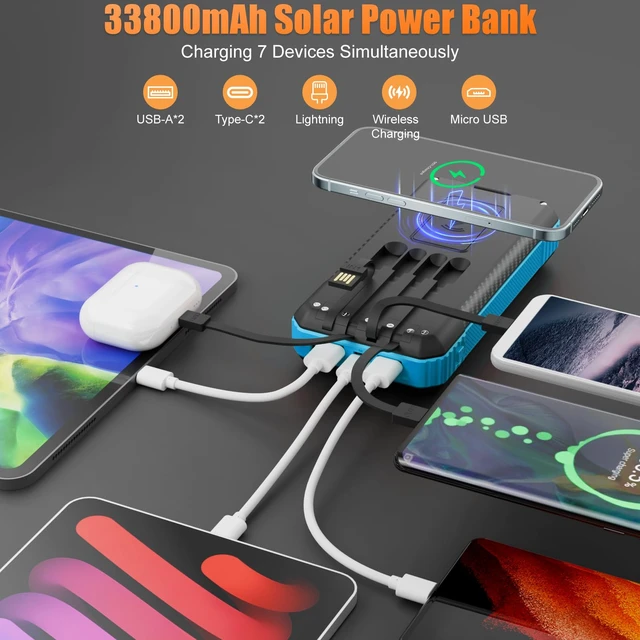 Alt view image 2 of 6 - Solar Power Bank 33800mAh with Super Bright LED Flashlight, Built-in 4 Cables & Wireless Charging, Portable Charger with Compass, 7 Outputs & 4 Inputs for Camping/Hiking(Blue)