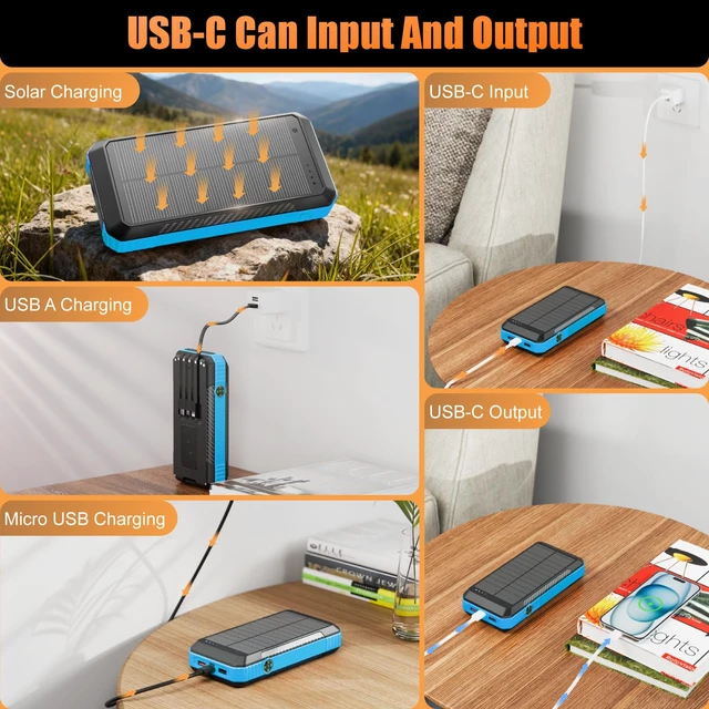Alt view image 3 of 6 - Solar Power Bank 33800mAh with Super Bright LED Flashlight, Built-in 4 Cables & Wireless Charging, Portable Charger with Compass, 7 Outputs & 4 Inputs for Camping/Hiking(Blue)