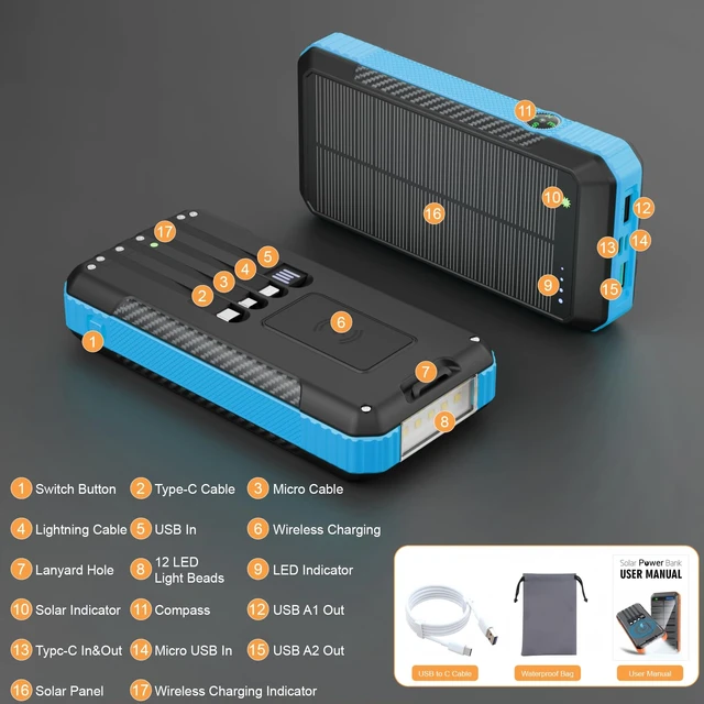 Alt view image 6 of 6 - Solar Power Bank 33800mAh with Super Bright LED Flashlight, Built-in 4 Cables & Wireless Charging, Portable Charger with Compass, 7 Outputs & 4 Inputs for Camping/Hiking(Blue)