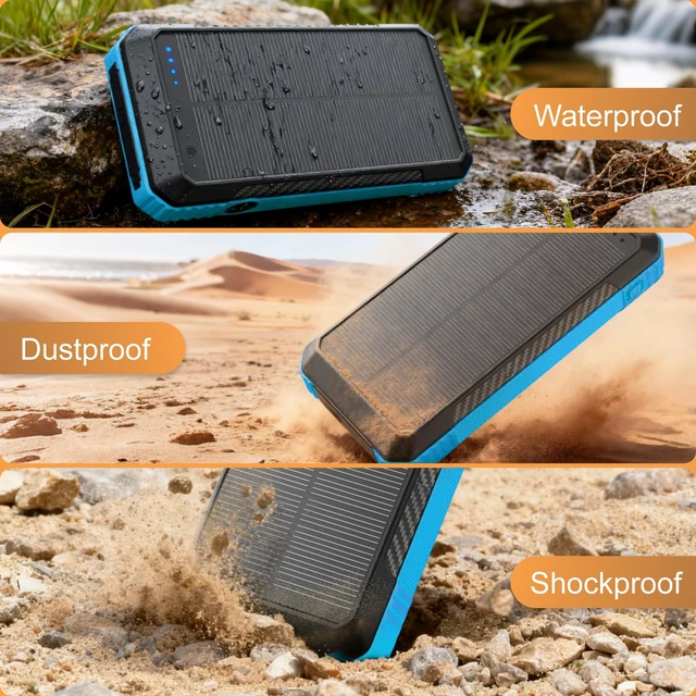 Alt view image 5 of 6 - Solar Power Bank 33800mAh with Super Bright LED Flashlight, Built-in 4 Cables & Wireless Charging, Portable Charger with Compass, 7 Outputs & 4 Inputs for Camping/Hiking(Blue)