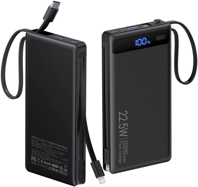 Main image of 10000mAh Power Bank Built-in 2 Cables,40% Thinner 22.5W PD Portable Charger | USB-C Battery Pack LED Display, Travel Essentials Fast Charging Powerbank for iPhone 17 16 15 Plus Pro Samsung iPad