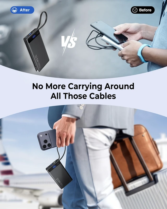 Alt view image 3 of 7 - 10000mAh Power Bank Built-in 2 Cables,40% Thinner 22.5W PD Portable Charger | USB-C Battery Pack LED Display, Travel Essentials Fast Charging Powerbank for iPhone 17 16 15 Plus Pro Samsung iPad