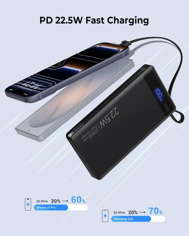 Alt view image 5 of 7 - 10000mAh Power Bank Built-in 2 Cables,40% Thinner 22.5W PD Portable Charger | USB-C Battery Pack LED Display, Travel Essentials Fast Charging Powerbank for iPhone 17 16 15 Plus Pro Samsung iPad