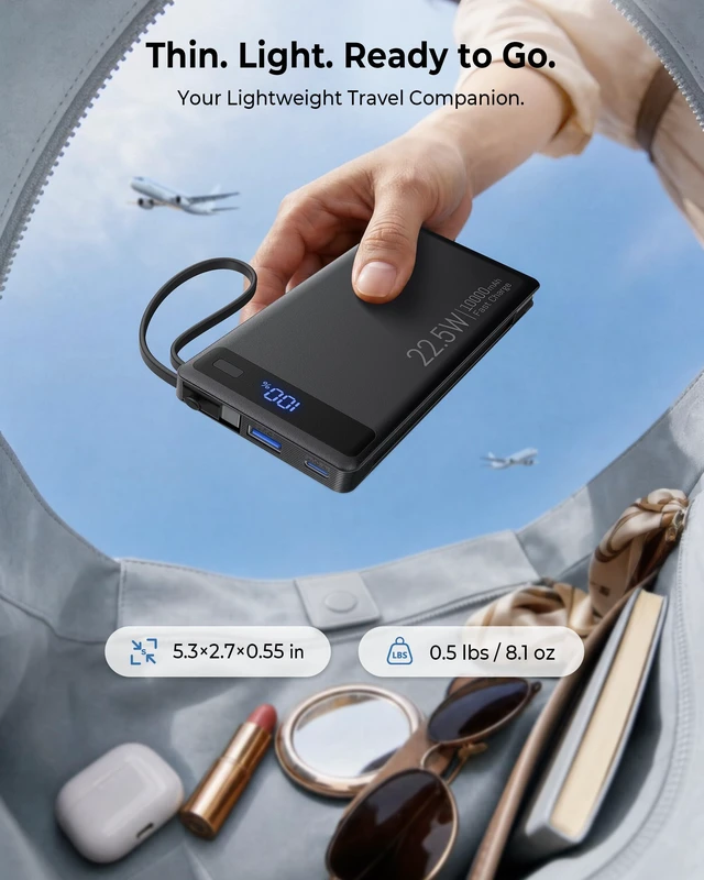 Alt view image 2 of 7 - 10000mAh Power Bank Built-in 2 Cables,40% Thinner 22.5W PD Portable Charger | USB-C Battery Pack LED Display, Travel Essentials Fast Charging Powerbank for iPhone 17 16 15 Plus Pro Samsung iPad