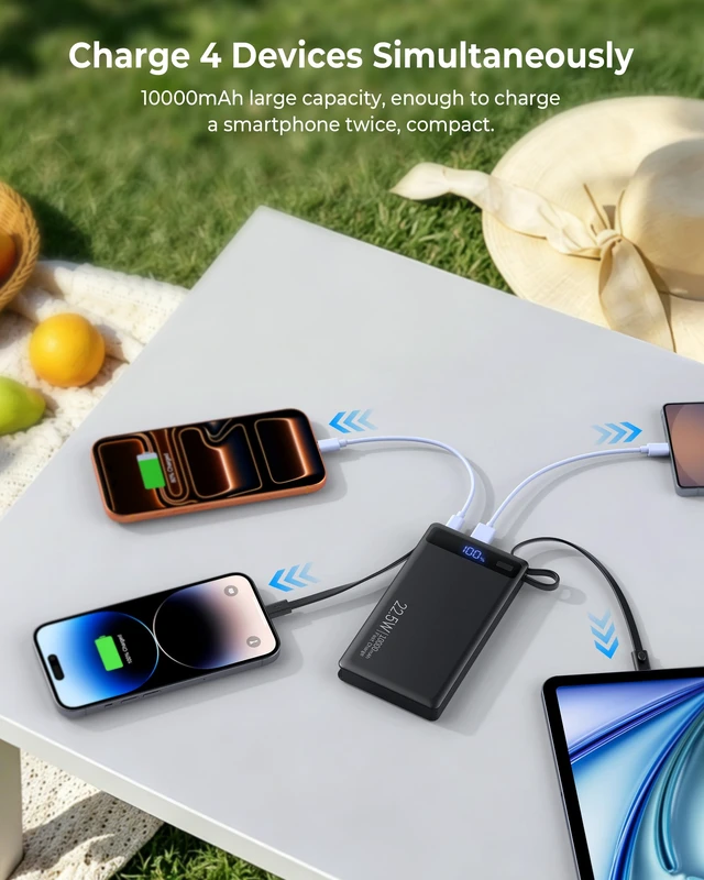 Alt view image 6 of 7 - 10000mAh Power Bank Built-in 2 Cables,40% Thinner 22.5W PD Portable Charger | USB-C Battery Pack LED Display, Travel Essentials Fast Charging Powerbank for iPhone 17 16 15 Plus Pro Samsung iPad