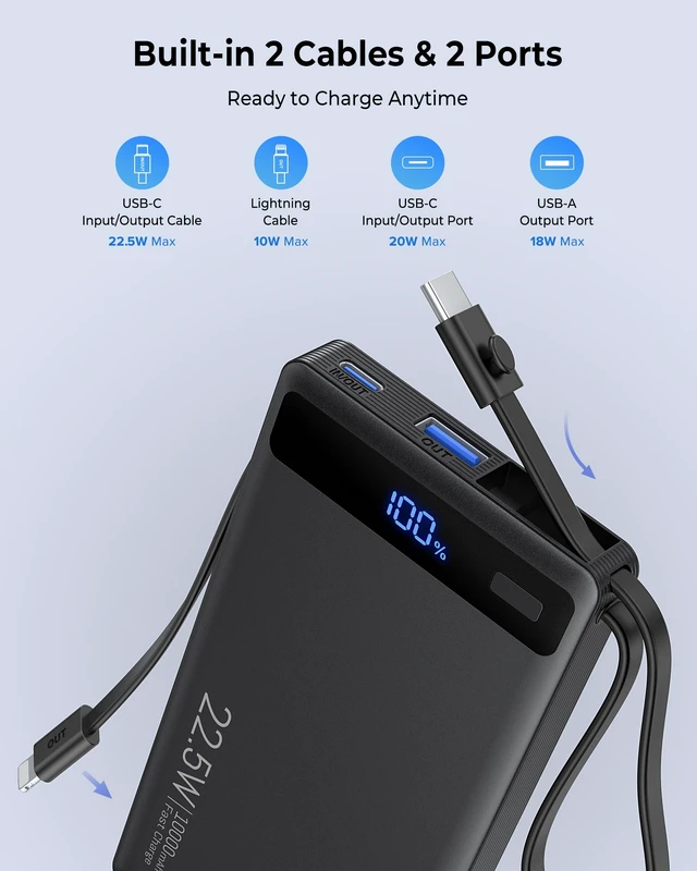 Alt view image 7 of 7 - 10000mAh Power Bank Built-in 2 Cables,40% Thinner 22.5W PD Portable Charger | USB-C Battery Pack LED Display, Travel Essentials Fast Charging Powerbank for iPhone 17 16 15 Plus Pro Samsung iPad