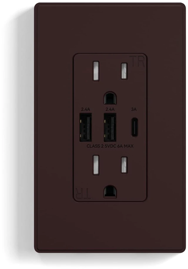 Main image of USB Outlets Receptacles, 3-Port Wall Outlet, 30W 6.0A Electrical Outlet, 15 Amp Tamper-Resistant Outlet with Type C Ports, UL Listed, Wall Plate Included, 1 Pack, Matte Brown