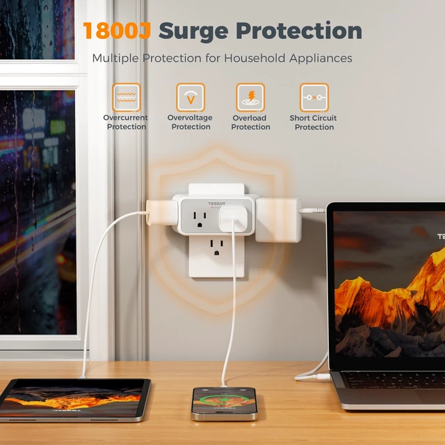 Alt view image 2 of 7 - 1800J Surge Protector Outlet Extender, Multi Plug Wall Outlet, Grey | 4 Widely Outlet Splitter, 3 Sided Multiple Wall Plug Expander for Home Office Kitchen Dorm Room Essentials, 1875W
