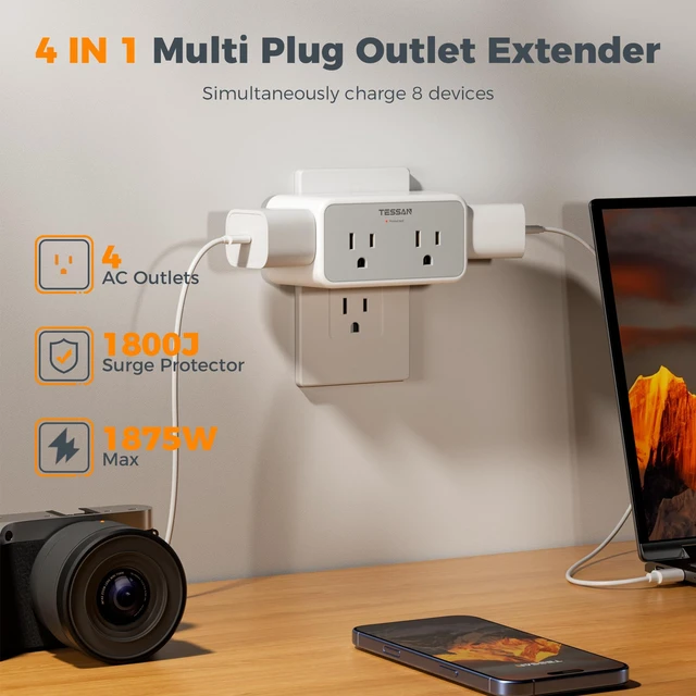 Alt view image 3 of 7 - 1800J Surge Protector Outlet Extender, Multi Plug Wall Outlet, Grey | 4 Widely Outlet Splitter, 3 Sided Multiple Wall Plug Expander for Home Office Kitchen Dorm Room Essentials, 1875W